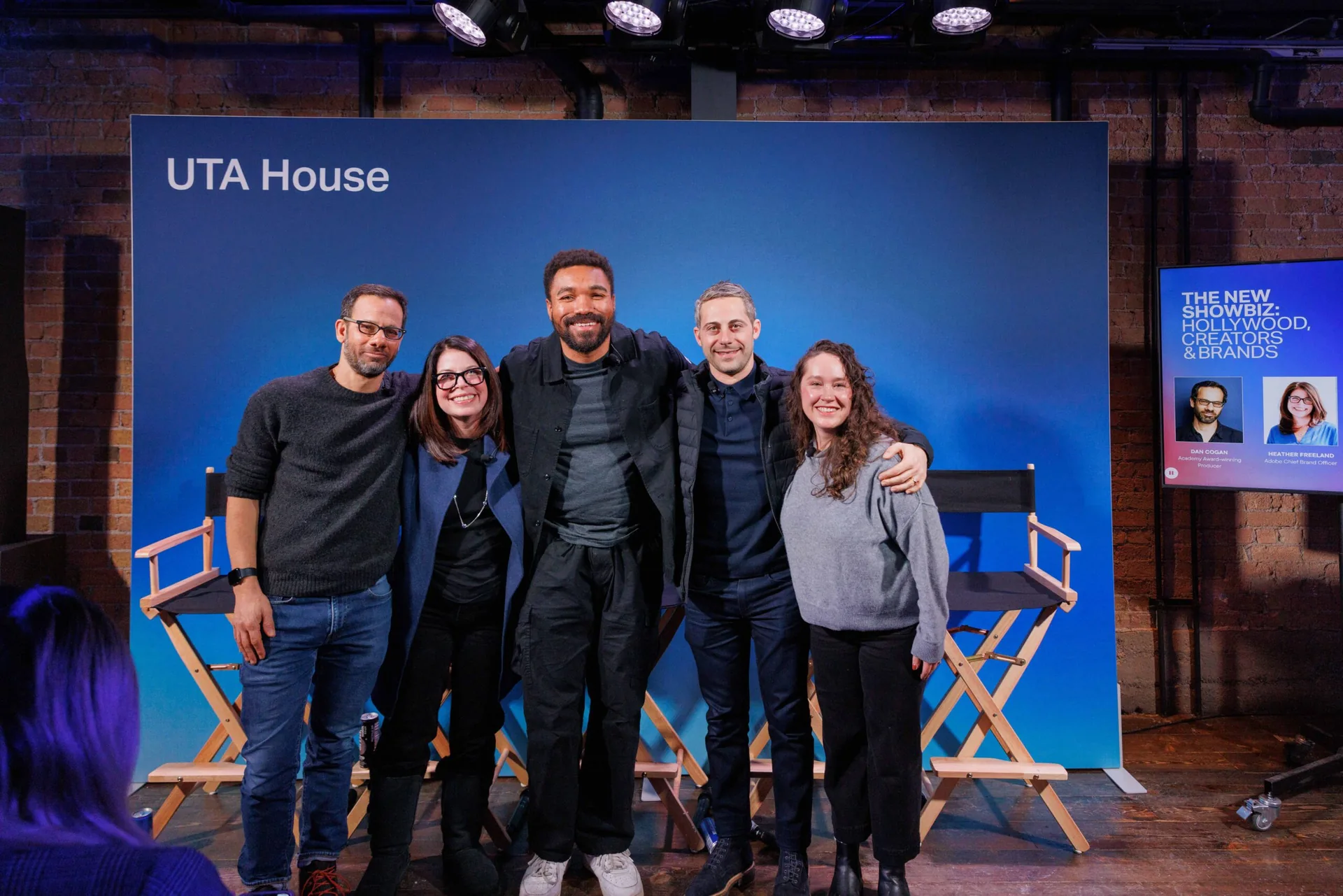 A podcast being recorded on a lit set