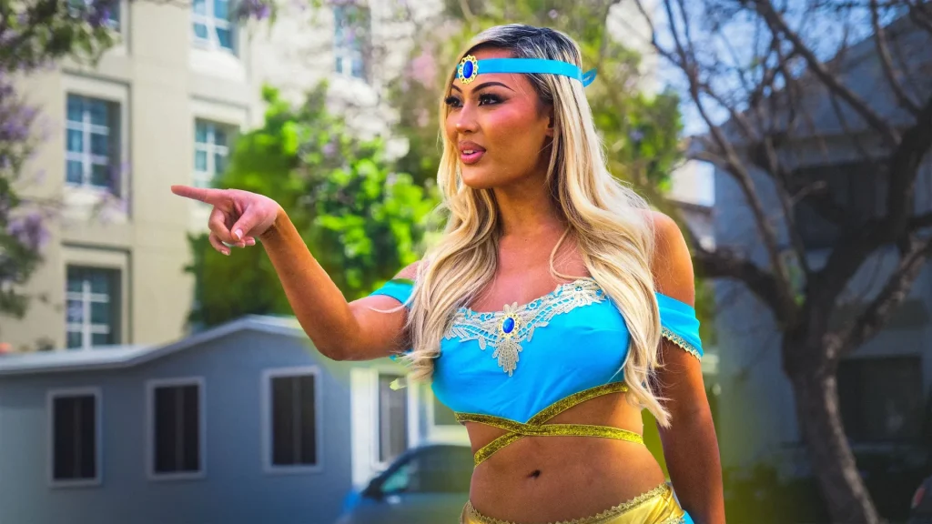 A performer dressed as a genie on a sketch comedy shoot