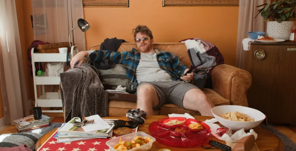 A man slouched on a sofa in a cluttered living room, mid-scene on a Nomadic Creations shoot